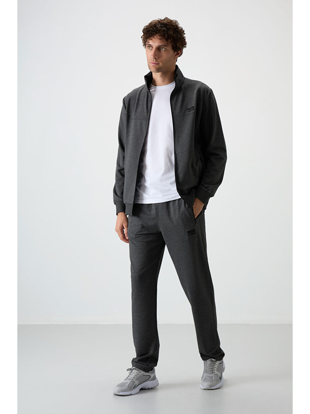 Troy Antrasit Melanj Dik Yaka Fermuarlı Standart Kalıp Erkek Eşofman Takım - 85196-4