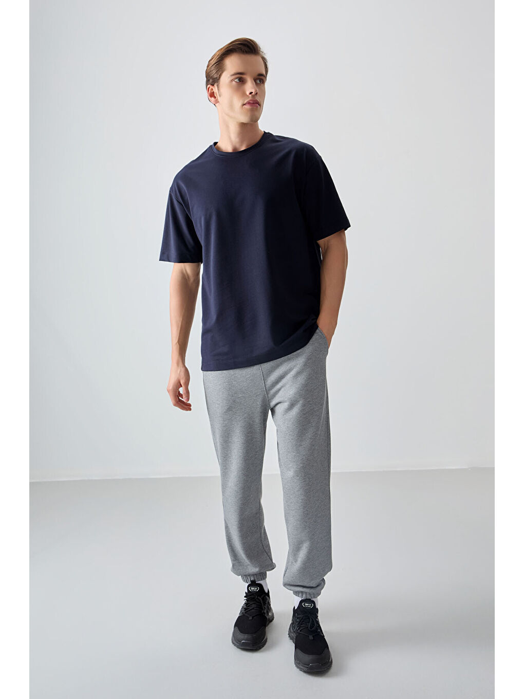 Lacivert Pamuklu Kalın Yumuşak Dokulu Oversize Fit Basic Erkek Tişört- 88377-2