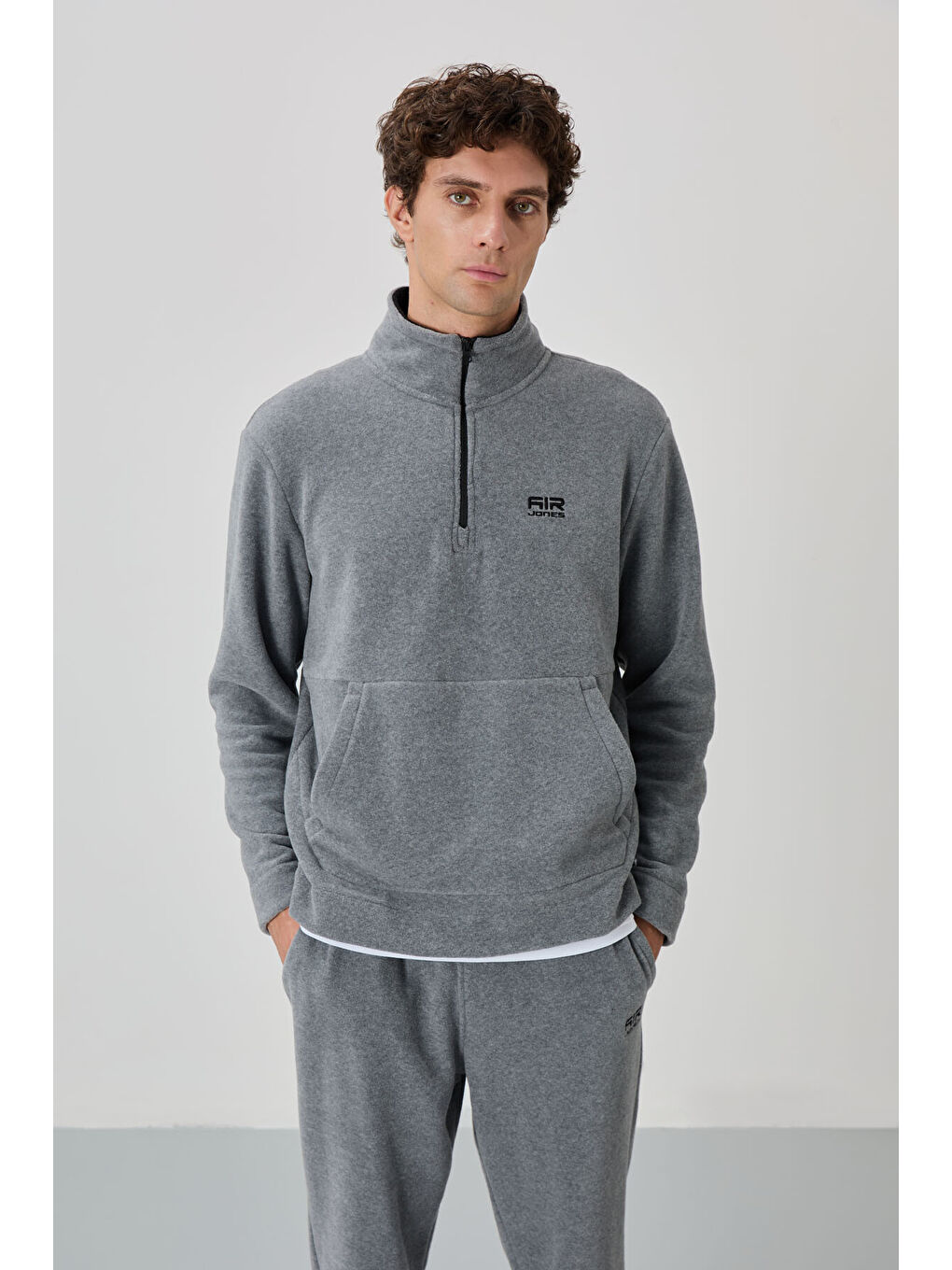 Gri Melanj Yarım Fermuarlı Dik Yaka Kanguru Cep Detaylı Polar Erkek Eşofman Takım - 85226-1