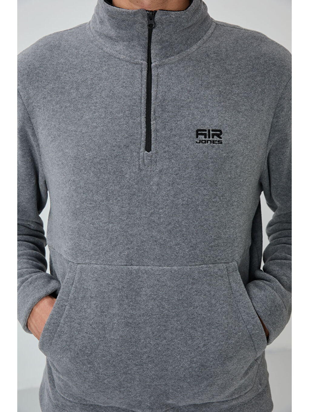 Gri Melanj Yarım Fermuarlı Dik Yaka Kanguru Cep Detaylı Polar Erkek Eşofman Takım - 85226-3