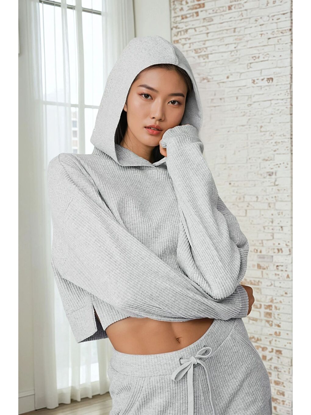 Gri Modal Kumaş Ribana Detay Eşofman Takımı-2