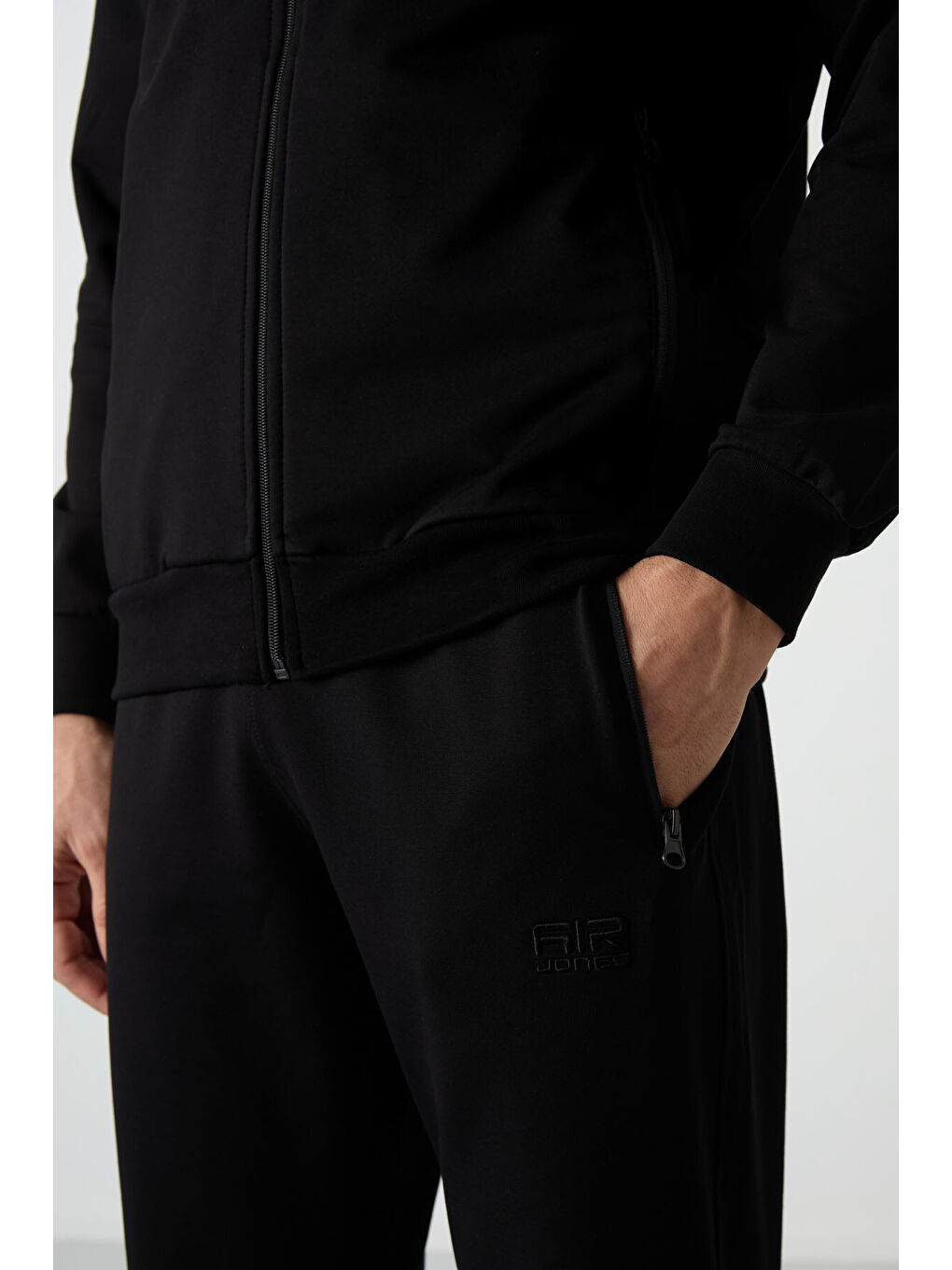 Troy Siyah Dik Yaka Fermuarlı Standart Kalıp Erkek Eşofman Takım - 85196-4