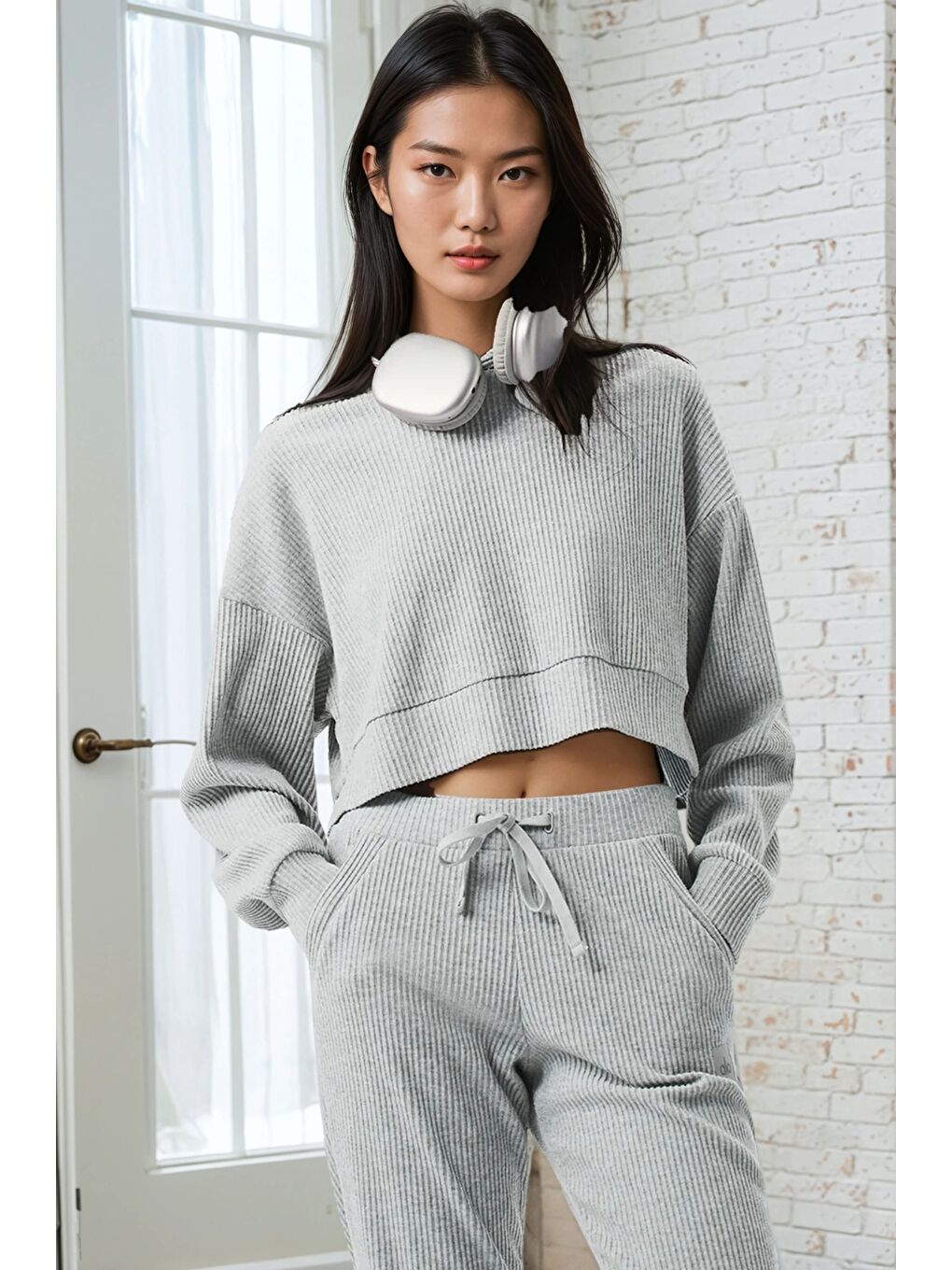 Gri Modal Kumaş Ribana Detay Eşofman Takımı-3