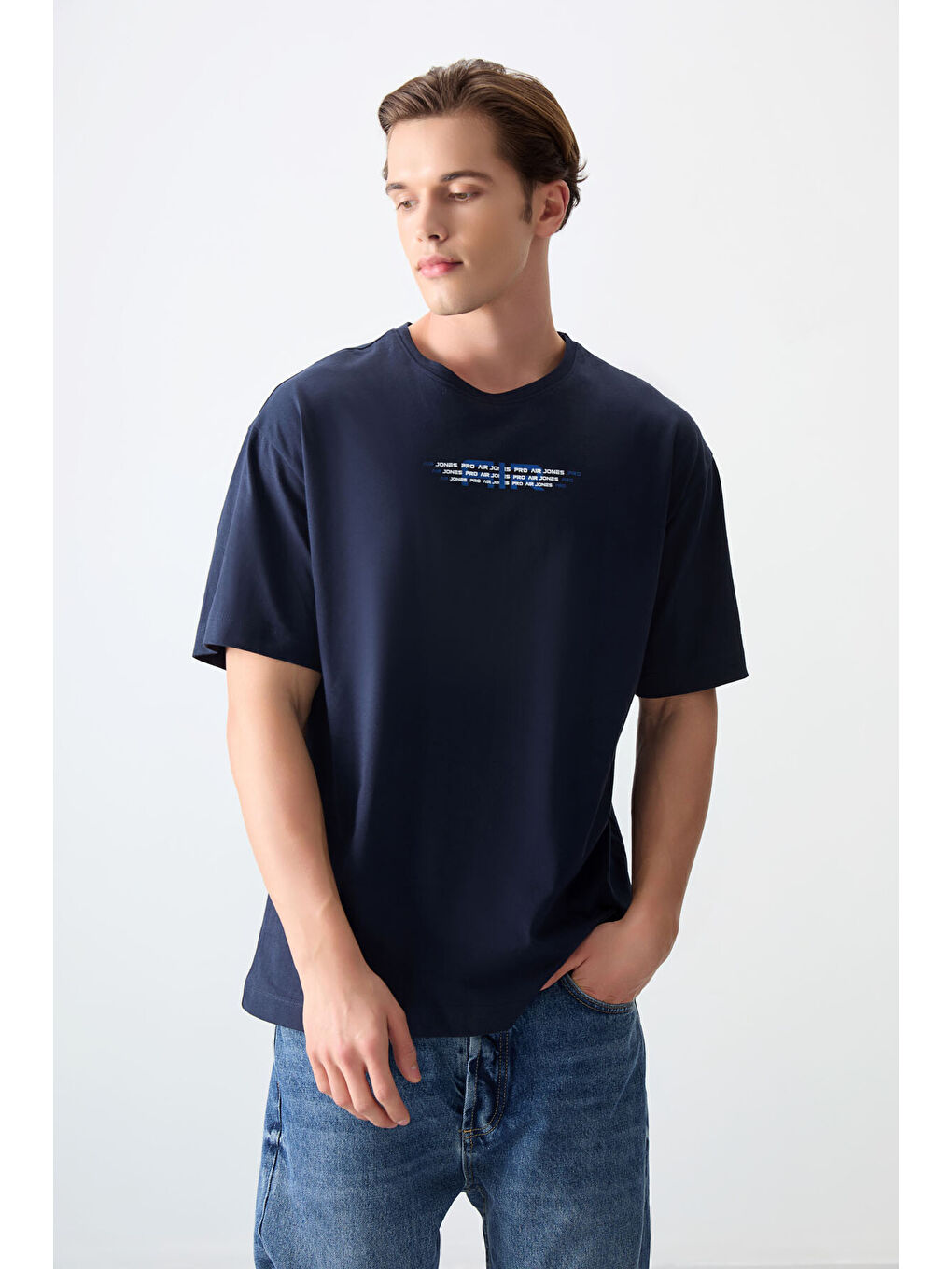 Lacivert %100 Pamuk Kalın Yumuşak Dokulu Oversize Fit Baskılı Erkek Tişört - 88356