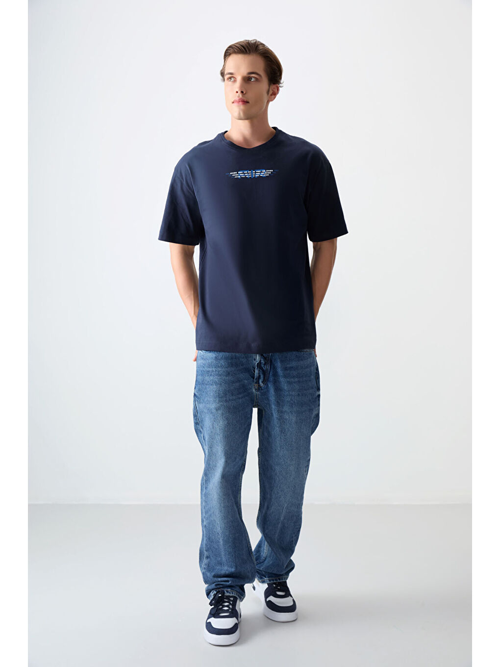 Lacivert %100 Pamuk Kalın Yumuşak Dokulu Oversize Fit Baskılı Erkek Tişört - 88356-1