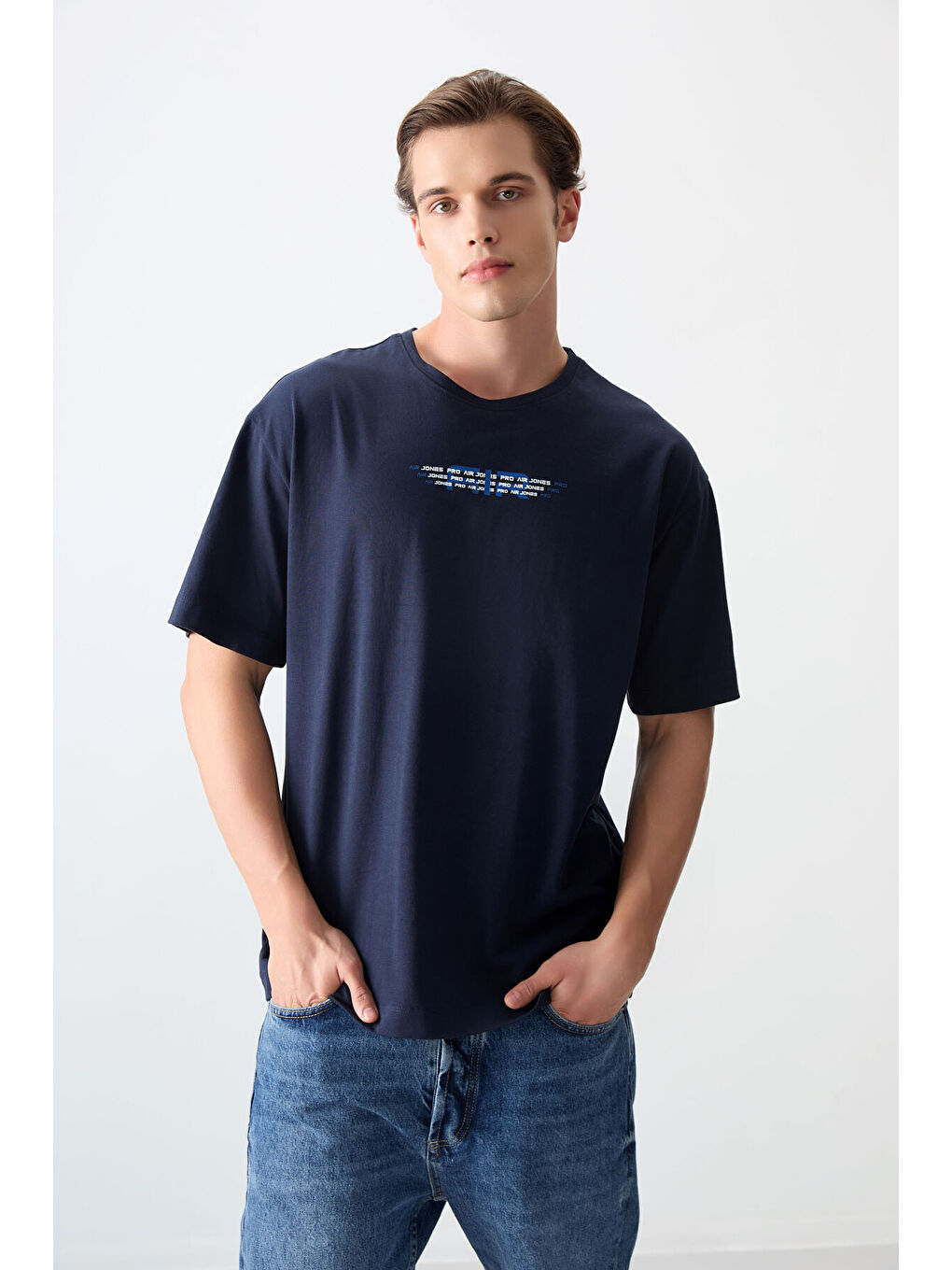 Lacivert %100 Pamuk Kalın Yumuşak Dokulu Oversize Fit Baskılı Erkek Tişört - 88356-3