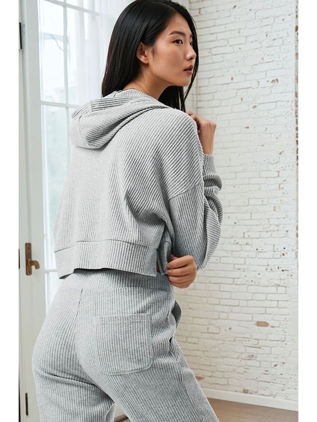 Gri Modal Kumaş Ribana Detay Eşofman Takımı-4