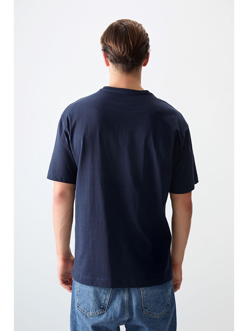 Lacivert %100 Pamuk Kalın Yumuşak Dokulu Oversize Fit Baskılı Erkek Tişört - 88356-4