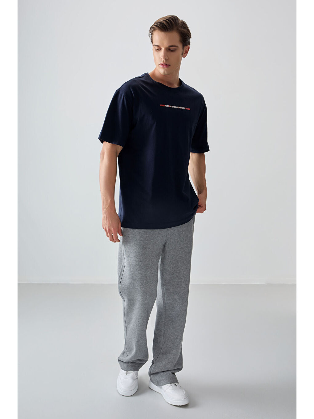 Lacivert %100 Pamuk Kalın Yumuşak Dokulu Oversize Fit Baskılı Erkek Tişört - 88358-3