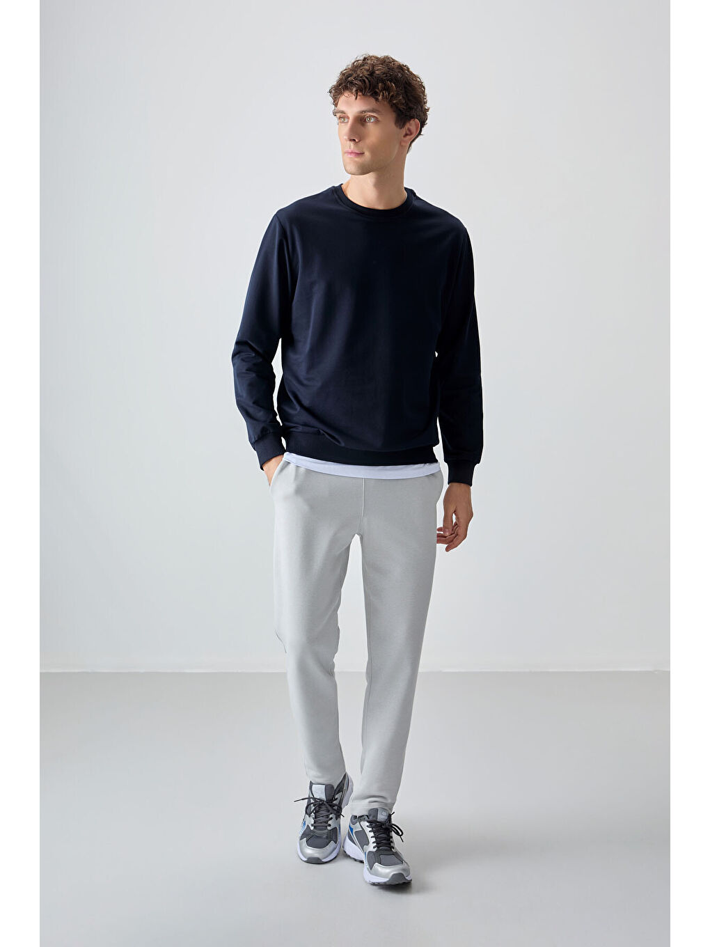 Lacivert Pamuk Dokulu Standart Fit Basic Erkek Sweatshirt - 88363-2