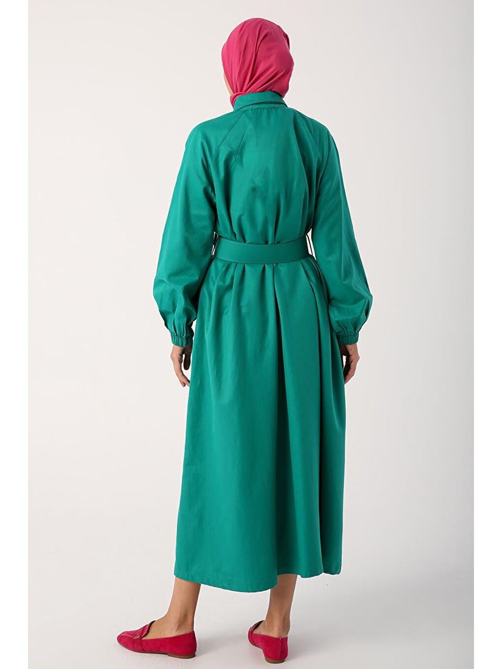 Zümrüt Yeşili Kemerli Gömlek Yaka Elbise-3