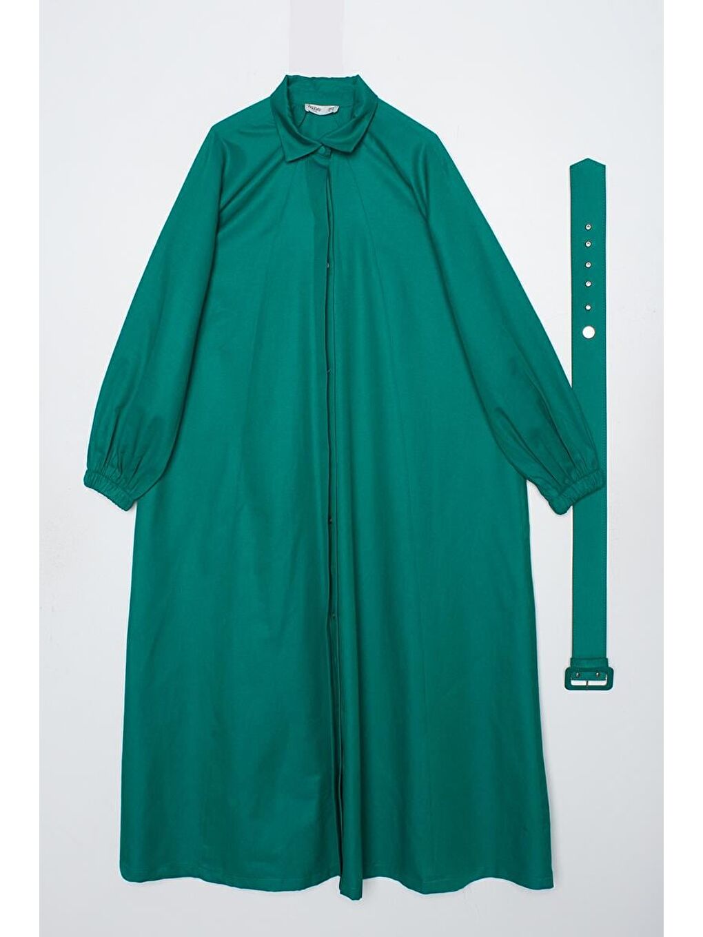 Zümrüt Yeşili Kemerli Gömlek Yaka Elbise-5