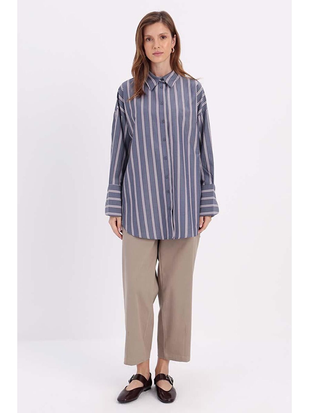 Lacivert-Kırmızı Pamuklu Oversize Çizgili Gömlek Tunik-1