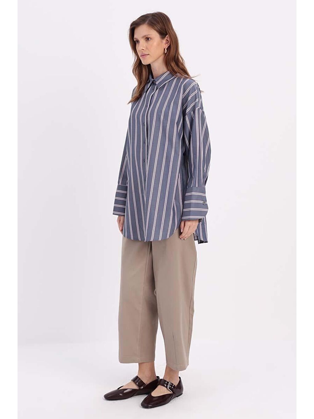 Lacivert-Kırmızı Pamuklu Oversize Çizgili Gömlek Tunik-2