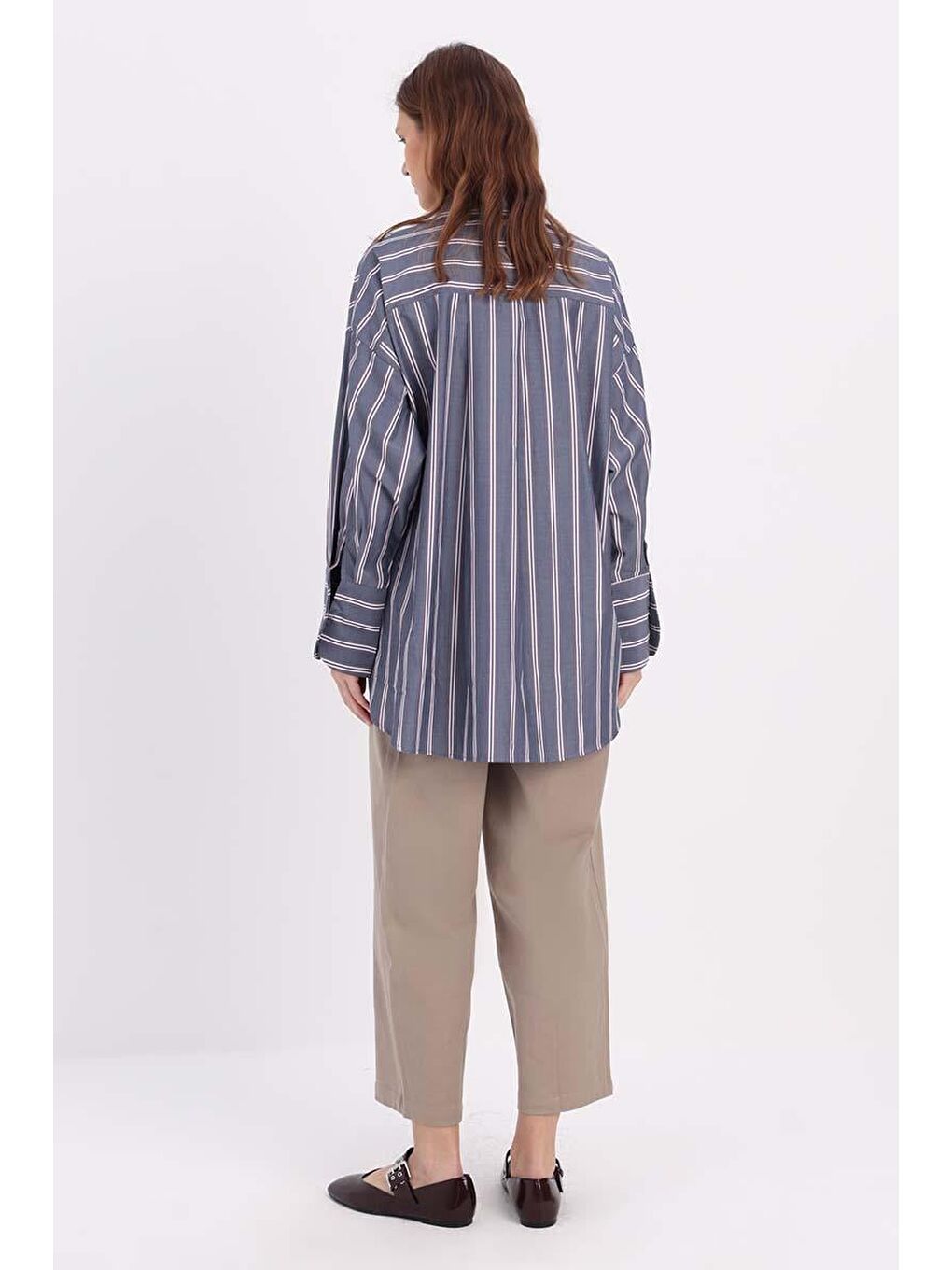 Lacivert-Kırmızı Pamuklu Oversize Çizgili Gömlek Tunik-3