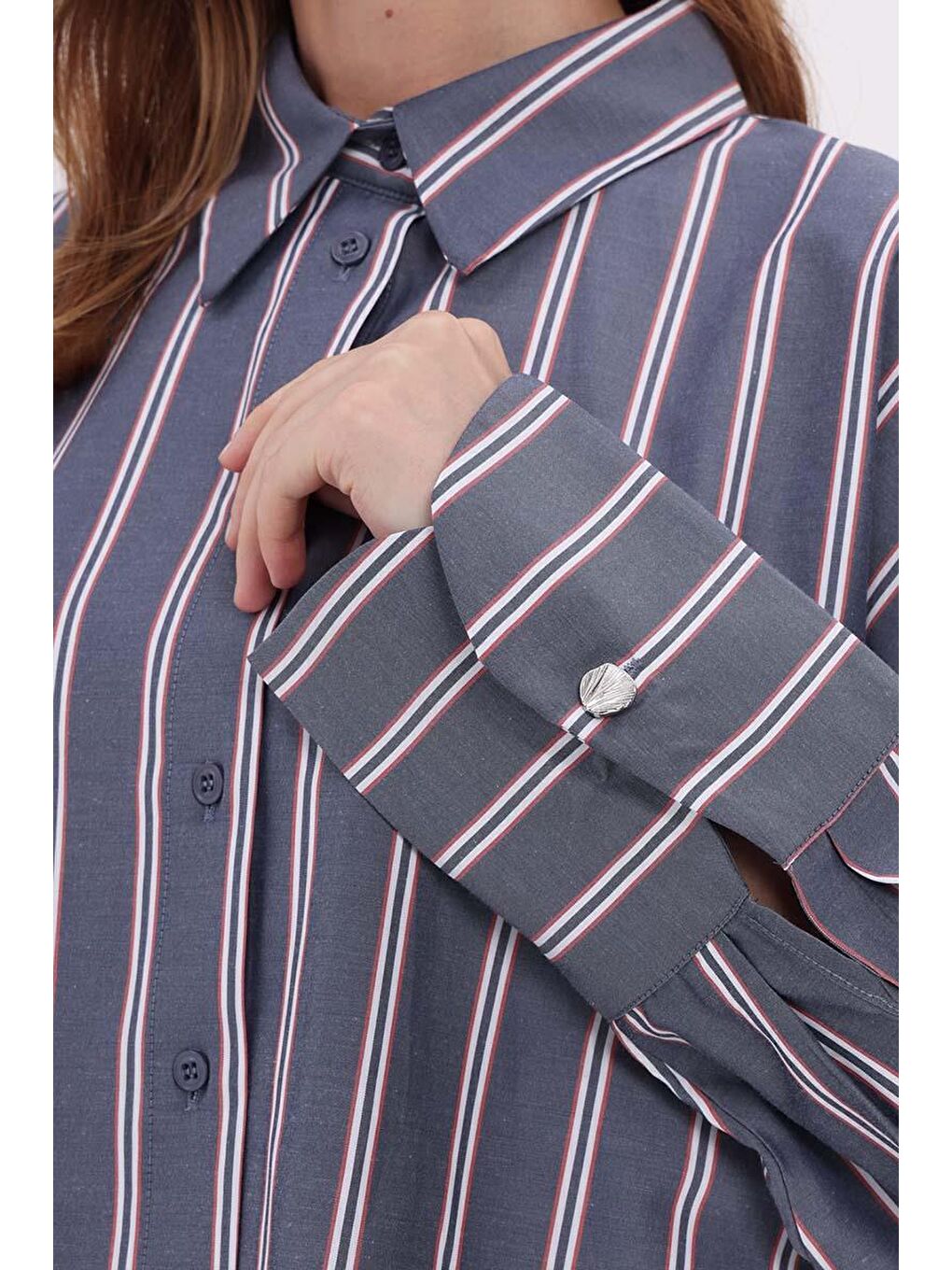 Lacivert-Kırmızı Pamuklu Oversize Çizgili Gömlek Tunik-4