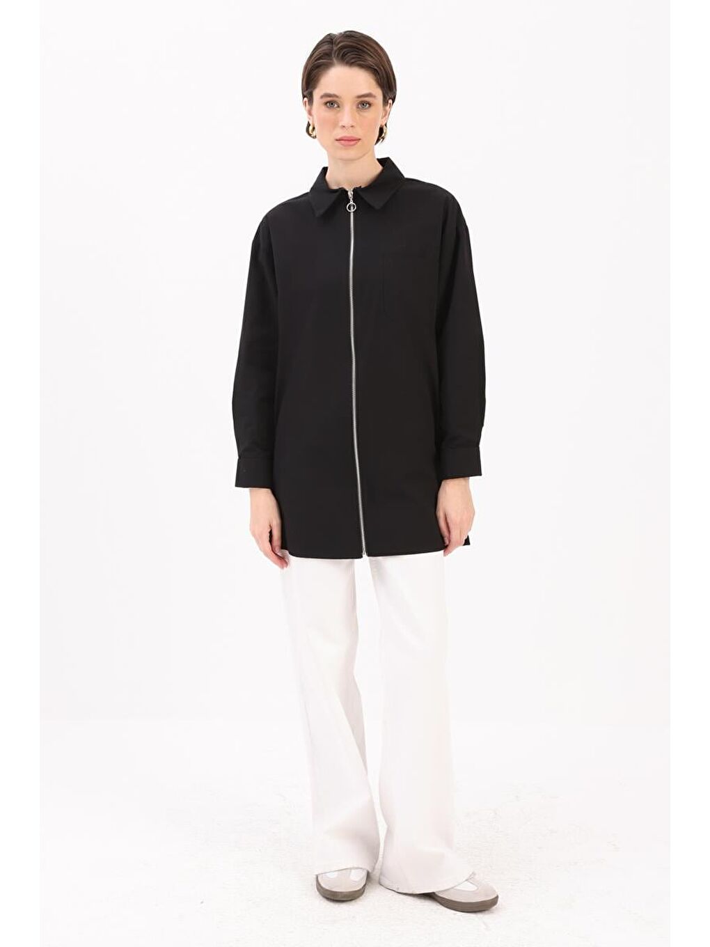 Siyah %100 Pamuk Fermuarlı Manşeti Dubleli Gömlek Tunik-1