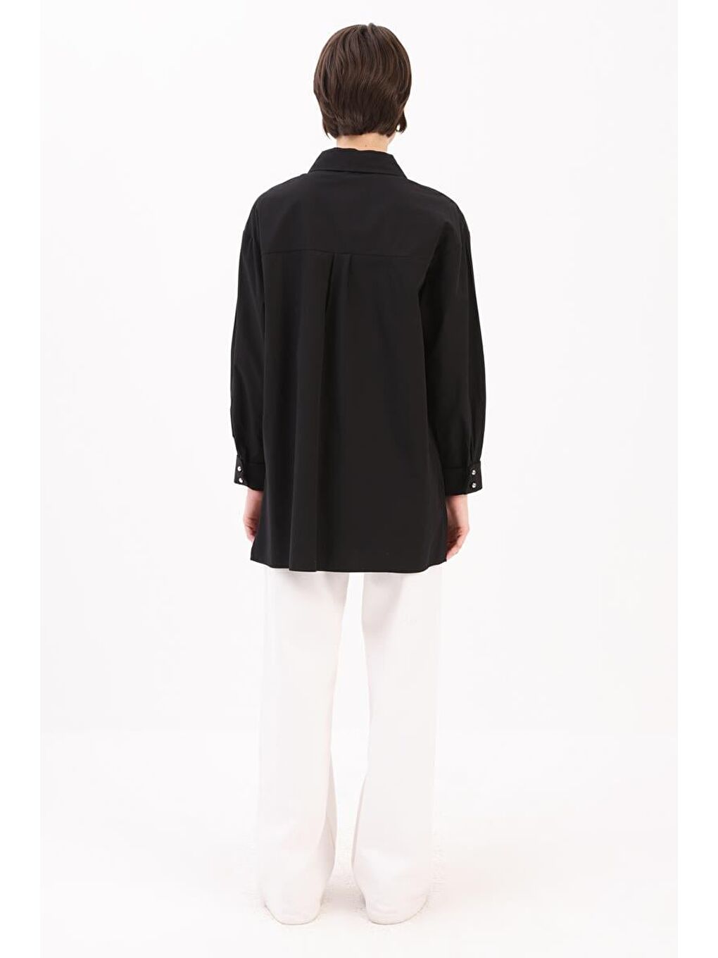 Siyah %100 Pamuk Fermuarlı Manşeti Dubleli Gömlek Tunik-3