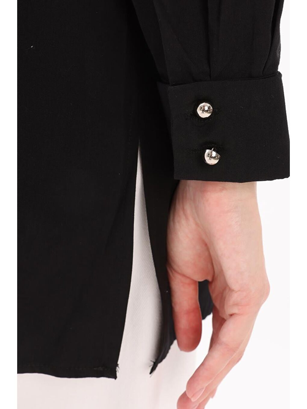 Siyah %100 Pamuk Fermuarlı Manşeti Dubleli Gömlek Tunik-4