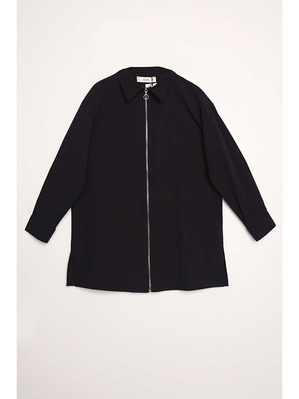 Siyah %100 Pamuk Fermuarlı Manşeti Dubleli Gömlek Tunik-5