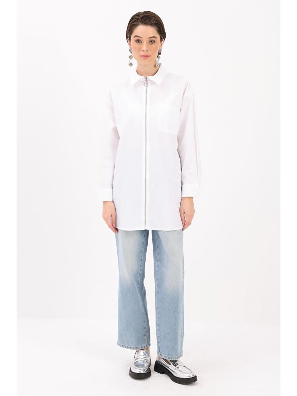 Beyaz %100 Pamuk Fermuarlı Manşeti Dubleli Gömlek Tunik-1