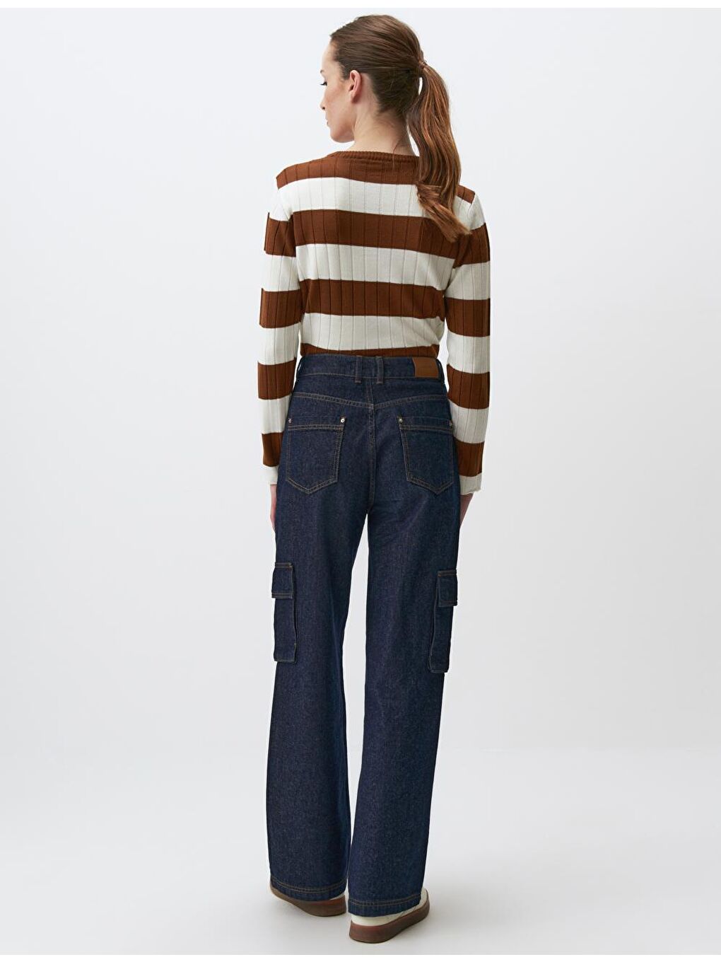 Koyu İndigo Mavi Yüksek Bel Bol Paça Kargo Jean Pantolon-5