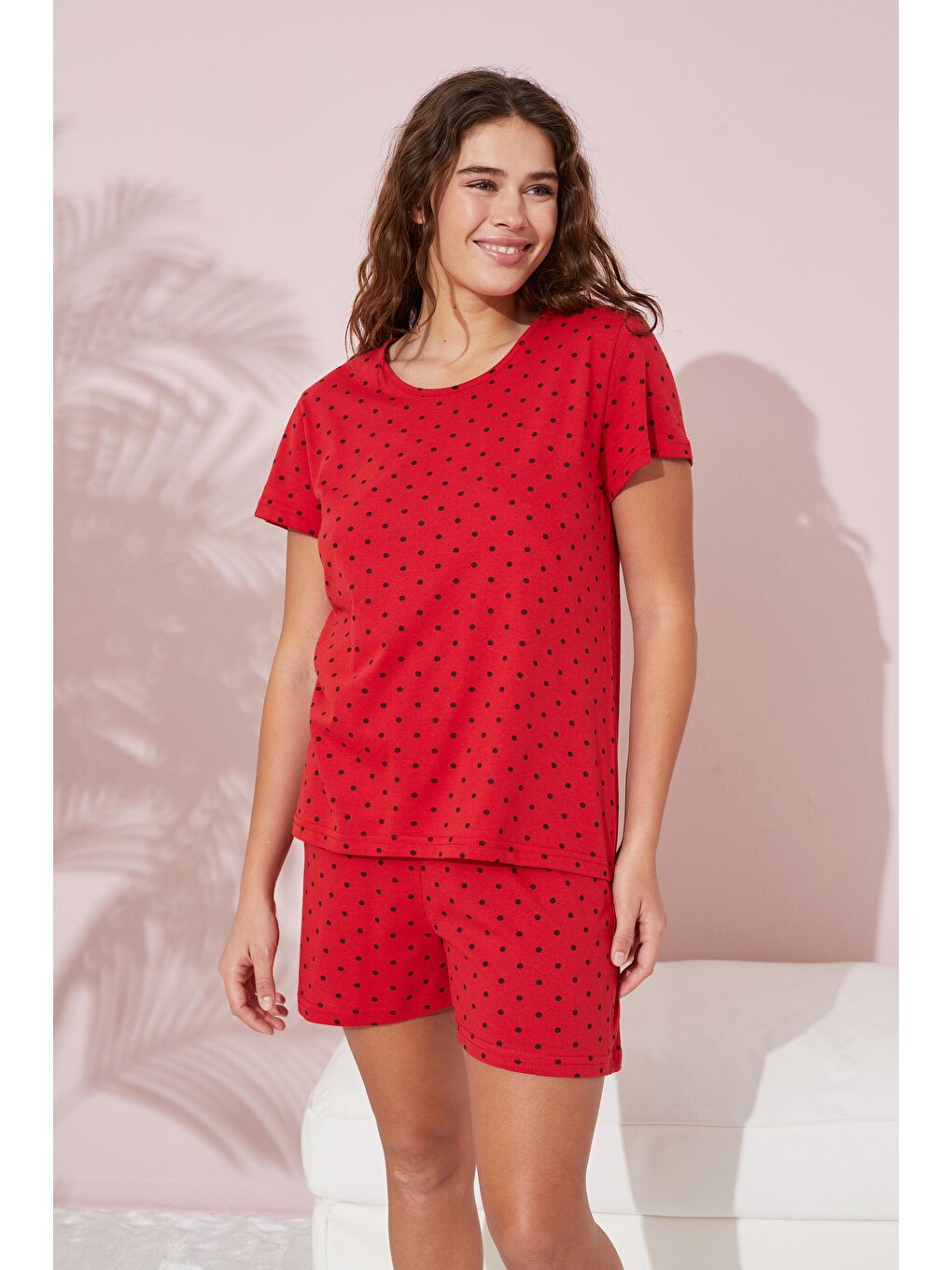 Kırmızı Puan Desenli Pamuklu Şort-Pijama Takım