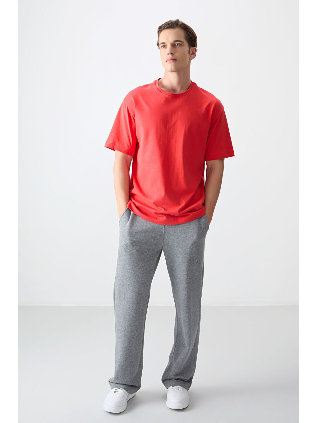 Kırmızı %100 Pamuk Kalın Yumuşak Dokulu Oversize Fit Basic Erkek Tişört - 88353-3