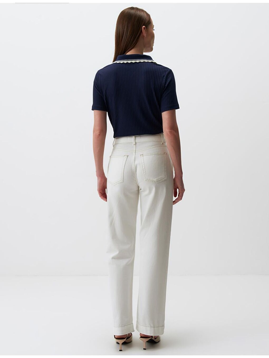 Ekru Yüksek Bel Bol Kesim Jean Pantolon-5