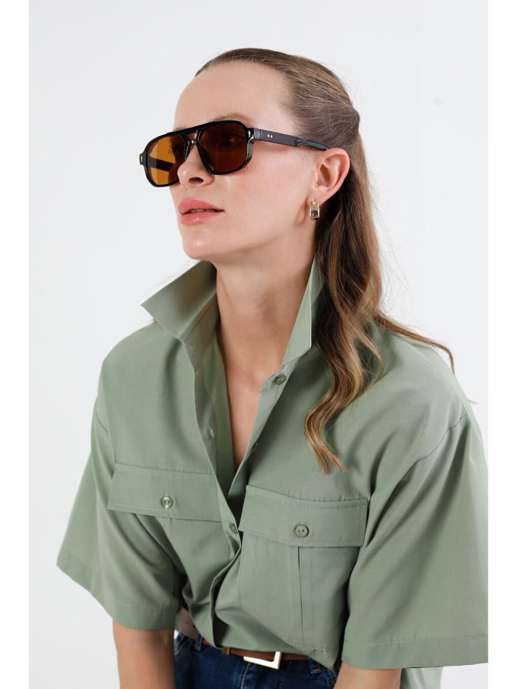 Kahverengi Metal Aksesuar Detaylı Güneş Gözlüğü-3