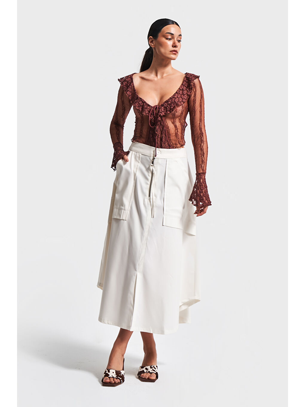 Kadın Ekru Renk Fermuar Detaylı Maxi Boy Rahat Kesim A Tipi Tasarım Etek-2