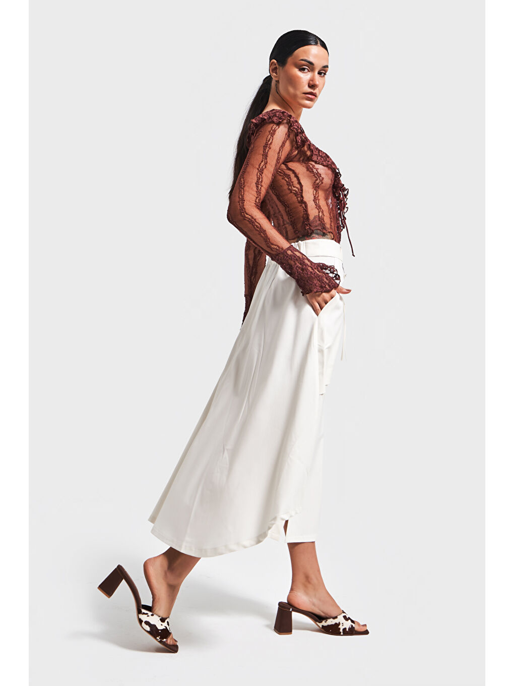 Kadın Ekru Renk Fermuar Detaylı Maxi Boy Rahat Kesim A Tipi Tasarım Etek-3