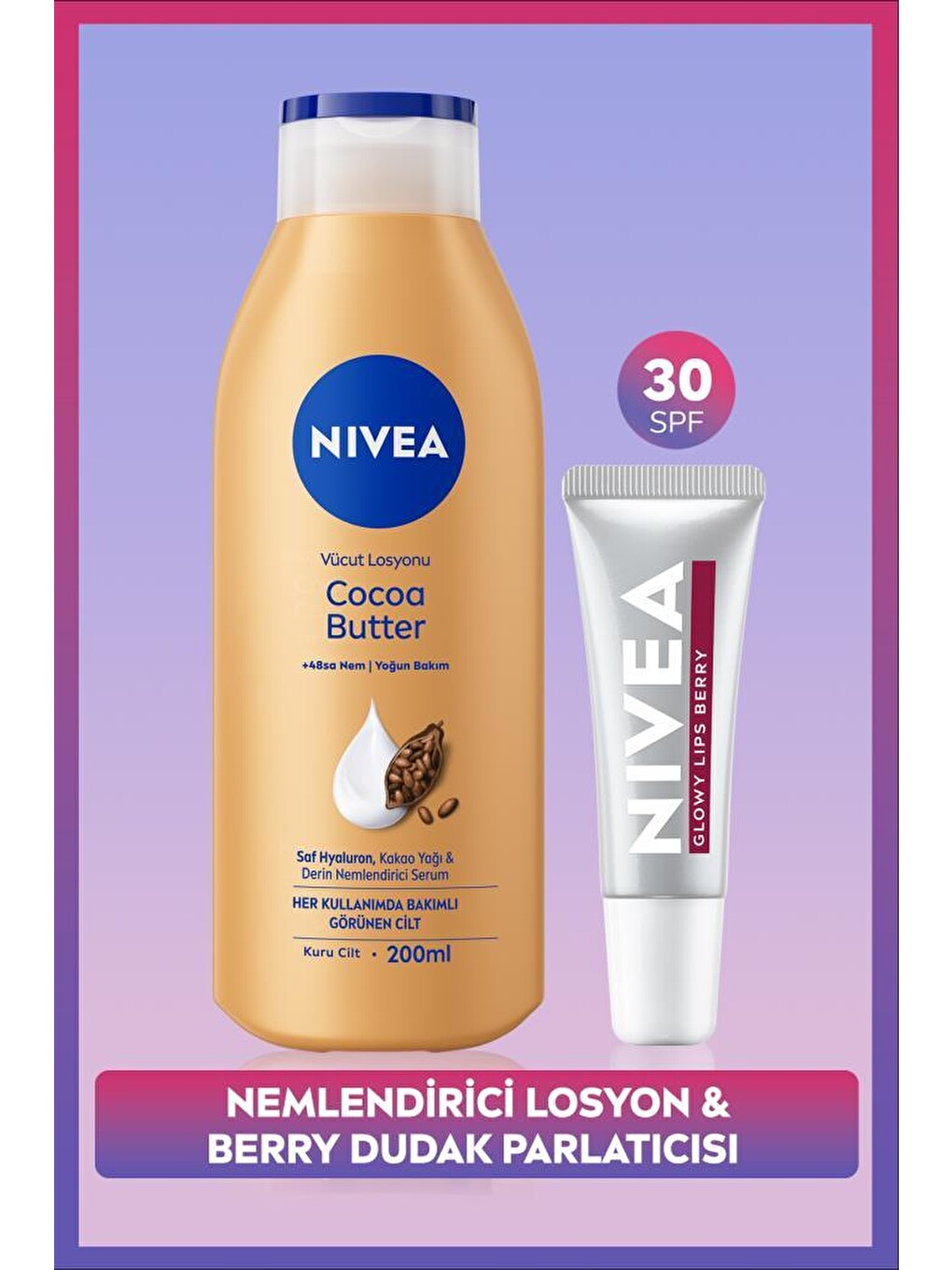 Cocoa Butter Nemlendirici Vücut Bakım Losyonu 200ml Ve Berry Renkli Nemlendirici Dudak Parlatıcısı
