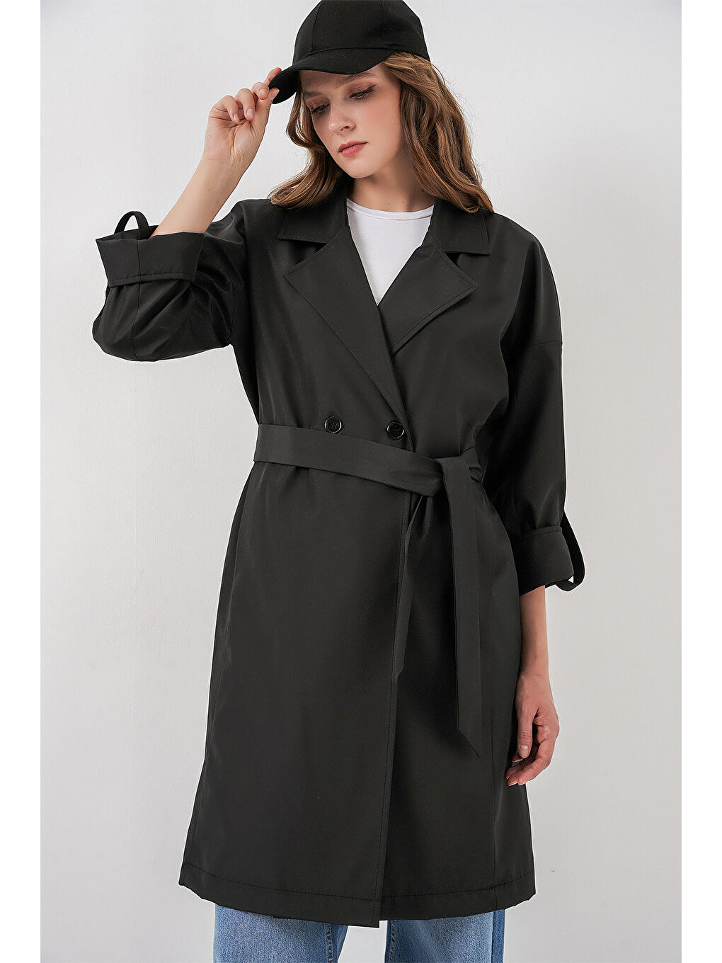 9104 Kruvaze Yaka Astarlı Trençkot - Siyah-2