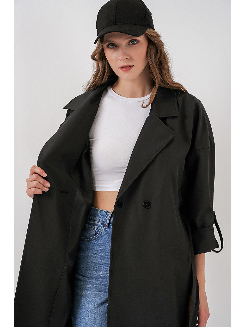 9104 Kruvaze Yaka Astarlı Trençkot - Siyah-3