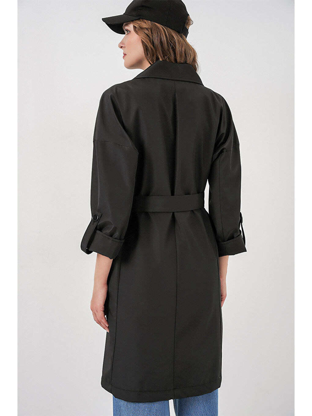 9104 Kruvaze Yaka Astarlı Trençkot - Siyah-6