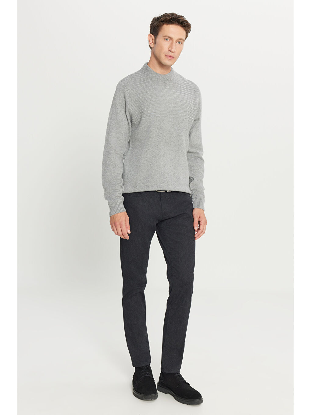 Erkek Gri-Mavi Standart Fit Normal Kesim Yarım Balıkçı Yaka Triko %100 Pamuk Kazak-1