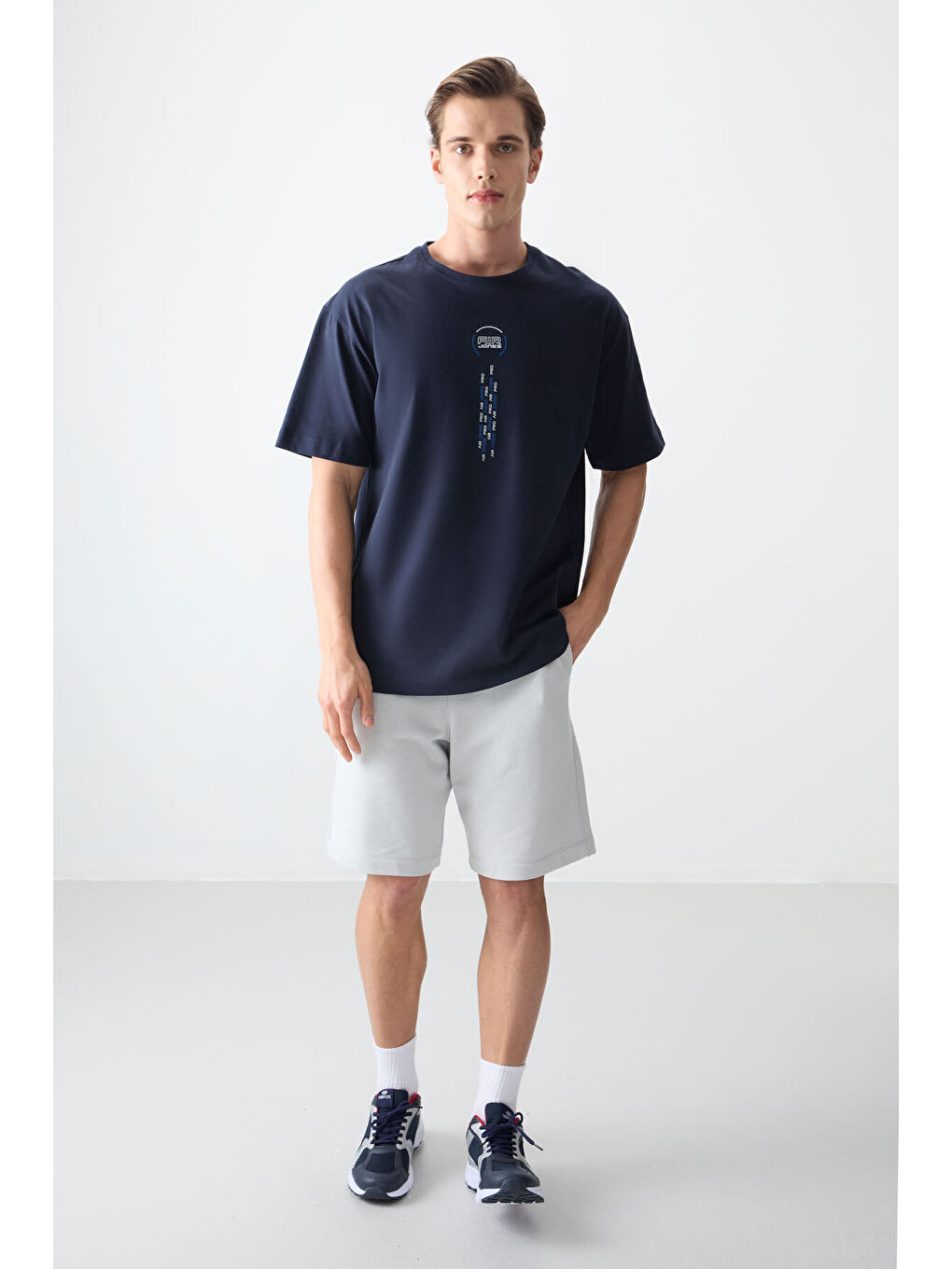 Lacivert %100 Pamuk Kalın Yumuşak Dokulu Oversize Fit Baskılı Erkek Tişört - 88355-2