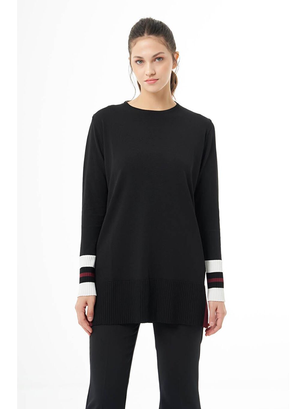 Kol Renkli Rayon Triko Siyah Tunik