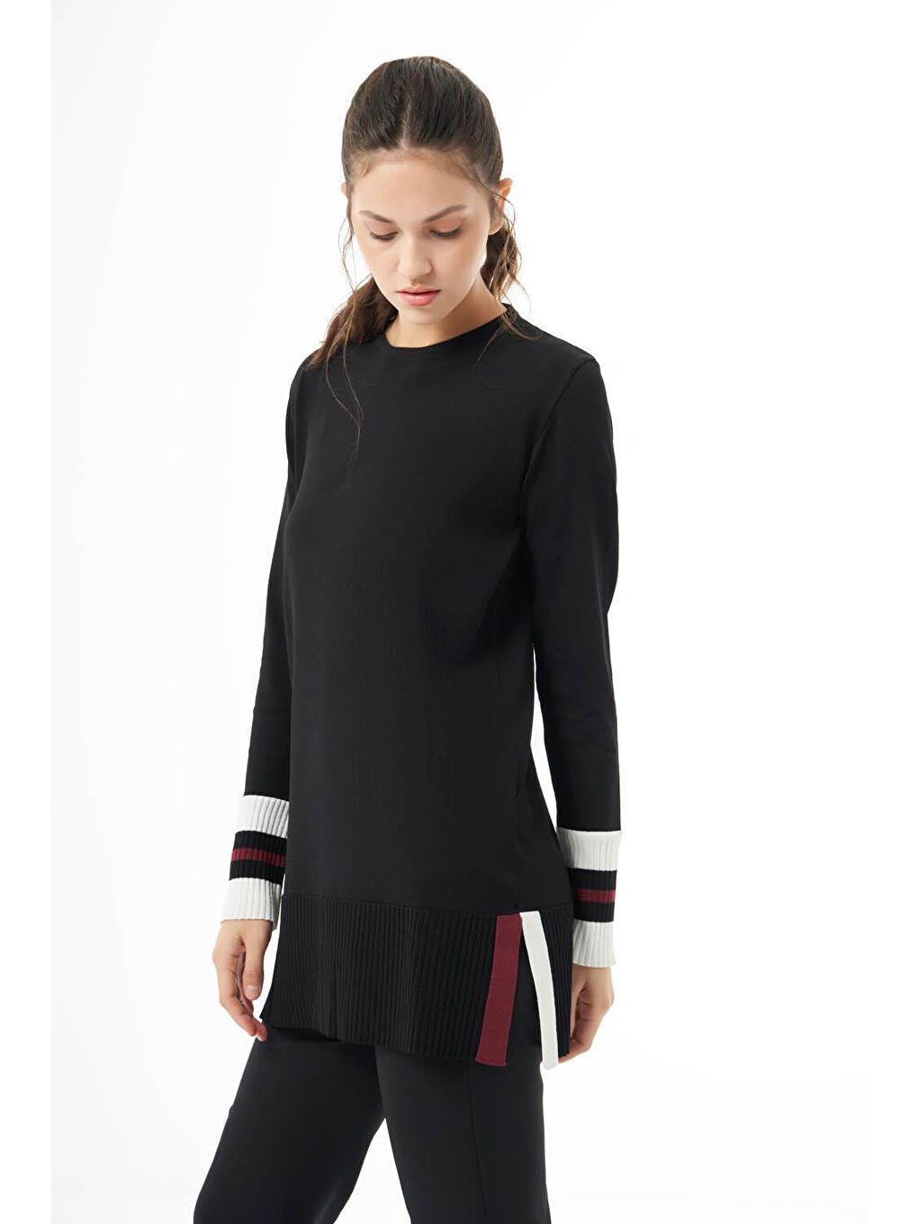 Kol Renkli Rayon Triko Siyah Tunik-1