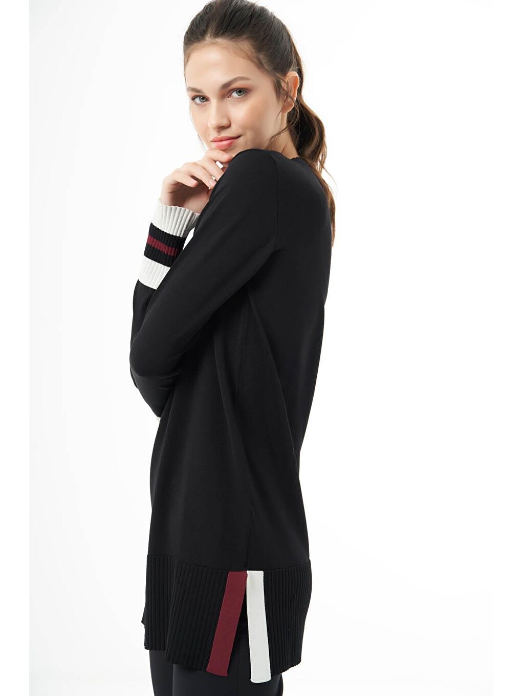 Kol Renkli Rayon Triko Siyah Tunik-2