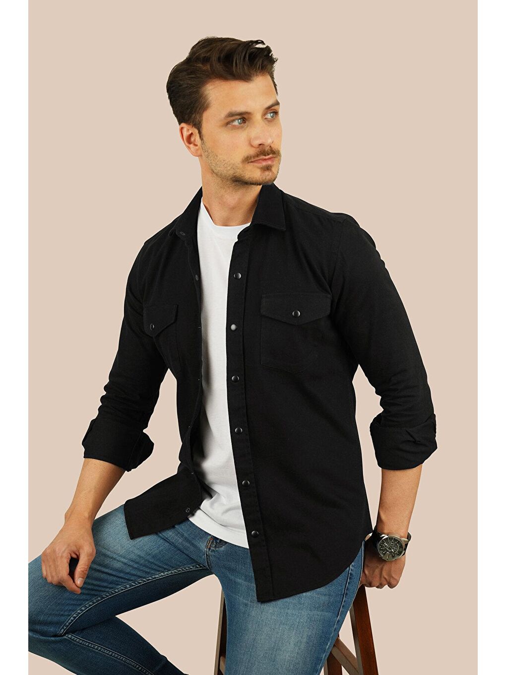 Etikmen Siyah Slimfit Gerçek Jean Erkek Gömlek - 1