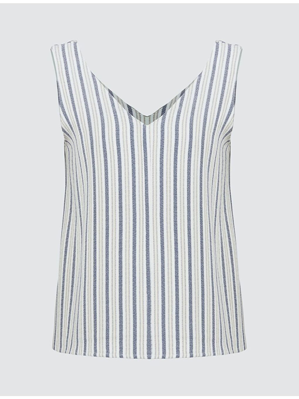 Karışık V Yaka Kolsuz Çizgili Bluz-6