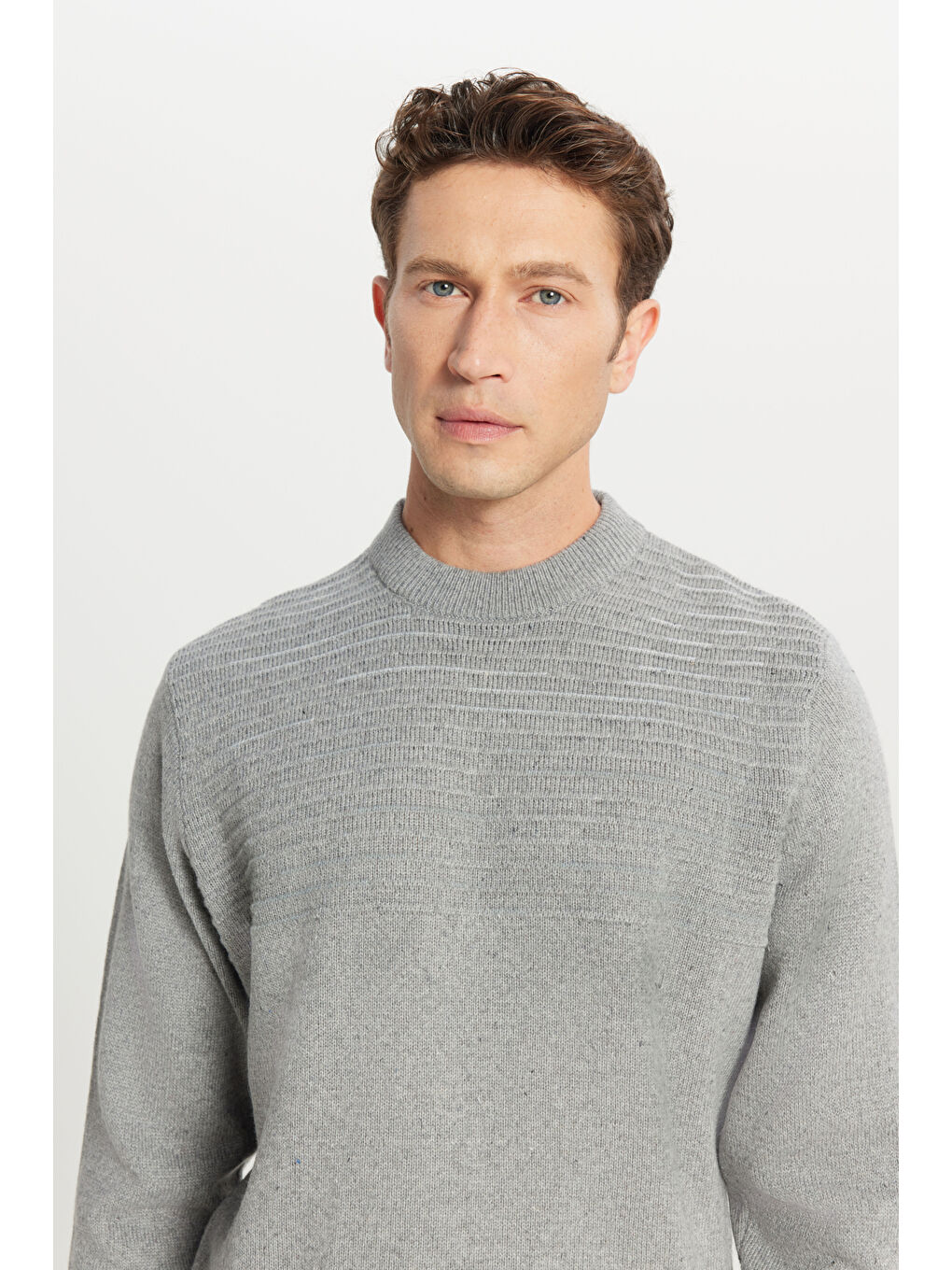 Erkek Gri-Mavi Standart Fit Normal Kesim Yarım Balıkçı Yaka Triko %100 Pamuk Kazak-3