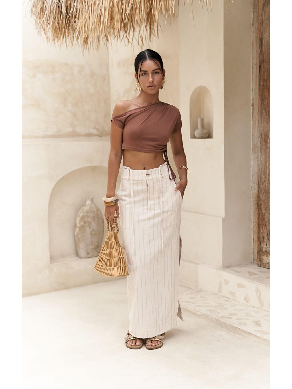 Mai Collection Arya Vizon Çizgili Bej Etek