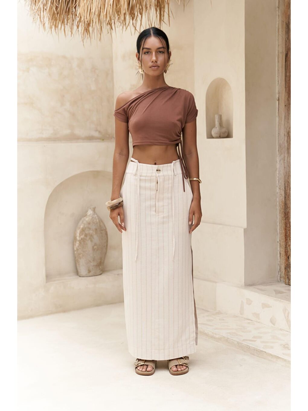 Mai Collection Arya Vizon Çizgili Bej Etek - 1