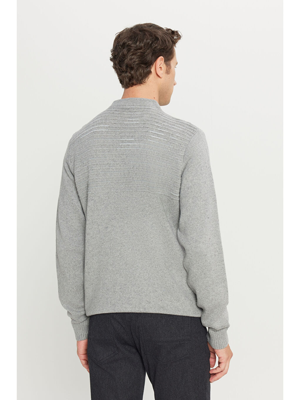 Erkek Gri-Mavi Standart Fit Normal Kesim Yarım Balıkçı Yaka Triko %100 Pamuk Kazak-4