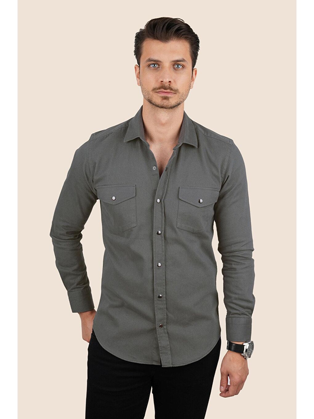 Gri Füme Slimfit Gerçek Jean Gömlek-1