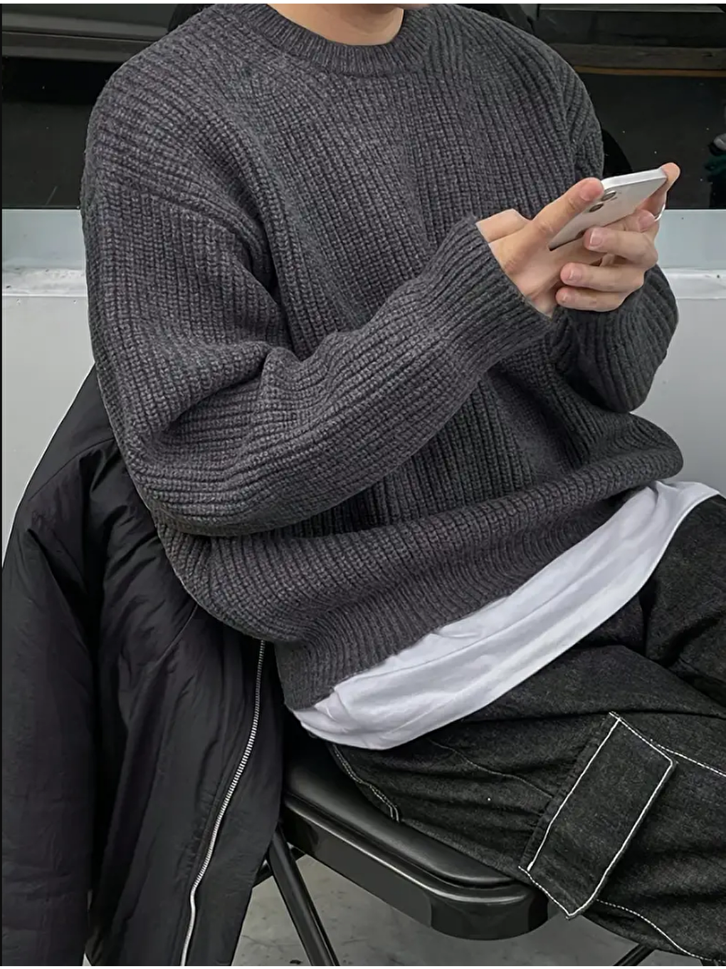 Gri Erkek Füme Regular Fit Bisiklet Yaka Örgülü Triko-2