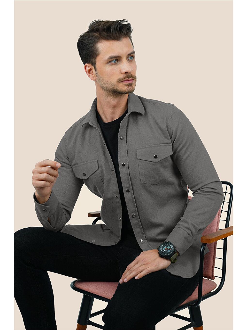 Gri Füme Slimfit Gerçek Jean Gömlek-2